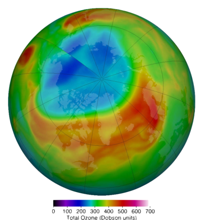 Map showing ozone hole over the Arctic in March 2020. 