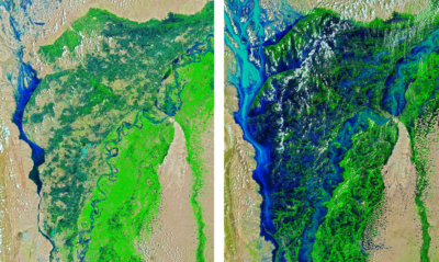 Pakistan's Indus River Valley before (left) and after (right) monsoon rains caused devastating floods in August 2022, damaging more than 2,000 miles of roads and 2 million acres of crops, and killing more than 700,000 livestock. Scientists say that climate change made the rainfall up to 50 percent more intense.