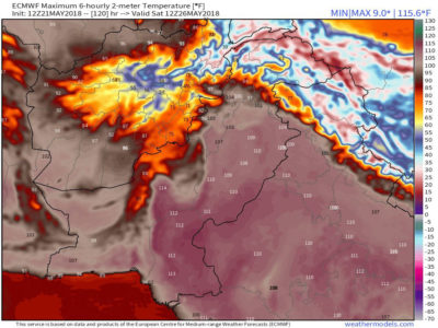 Extreme temperatures over Pakistan and northern India on May 21, 2018.
