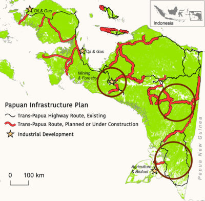 The areas circled are projected to experience intense deforestation when the Trans-Papua Highway is completed.