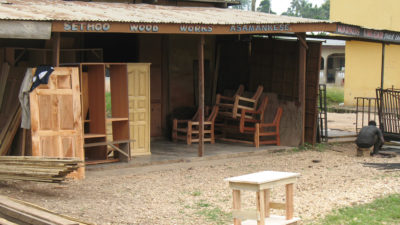 Carpentry shops, such as Sethoo Wood Works in the town of Asamankese, are reliant on wood from Ghana's chainsaw loggers.