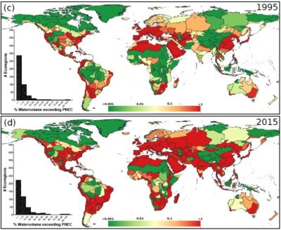 The environmental risks of ciprofloxacin in fresh water have increased worldwide between 1995 and 2015. Inset: Counts of ecoregions where specific percentage of the water volume exceeds PNEC, or "predicted no effect concentrations."