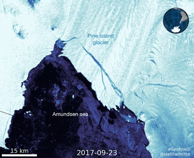 Pine Island Glacier's most recent ice loss event, as seen in satellite images from September 21 and 23, 2017.