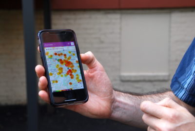 A map on the Purple Air app shows near-real time readings of air quality at sites in the Pittsburgh area.