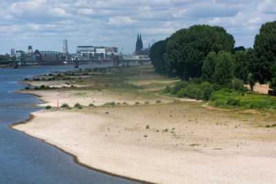 Low water levels on the Rhine River in Cologne, Germany on July 16, 2022.