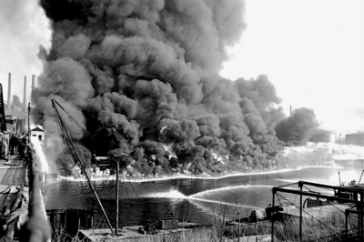 The Cuyahoga River on fire in 1952.