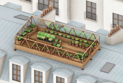 A rendering of a rooftop terrace installed by the Parisian startup Roofscapes.