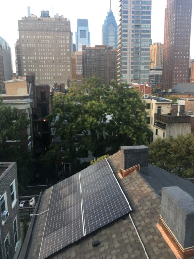 Solar panels on a residential building near Philadelphia's downtown.