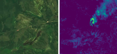 Satellite imagery shows a Russian gas pipeline (left) and highlights huge amounts of methane (right) being emitted from the pipeline on September 6, 2019.
