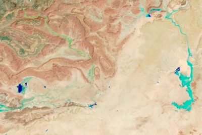 A satellite image of ephemeral lakes and rivers along the border between Morocco and Algeria after heavy rains in early September.