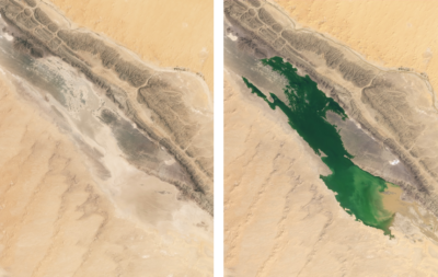 Satellite images show Sebkha el Melah in Algeria before (left) and after (right) heavy rains in early September.