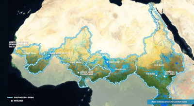 The major wetlands and water basins of the Sahel region in Africa.
