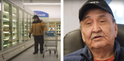 Left: A liter of milk costs $12 at a grocery store in Port Good Hope. Right: Charles McNeely, president of Sahtu Secretariat Incorporated.