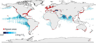 A map showing coastal sites where anthropogenic nutrients, such as nitrogen from fertilizers, have exacerbated or caused low oxygen levels in the water, leading to dead zones (red dots). 