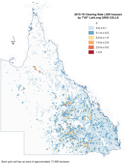 Annual woody vegetation clearing rate in Queensland for 2015-2016.