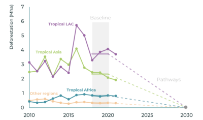 Deforestation in Latin America (Tropical LAC), Asia, Africa, and other regions from 2010 to 2021 and the pathway to reaching zero deforestation by 2030. 