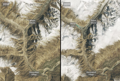 The Shisper Glacier in April 2018, left, and April 2019, right. The surging ice blocked a river fed by a nearby glacier, forming a new lake.