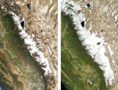 California's Sierra Nevada range in April 2022 and April 2023, after a series of atmospheric rivers blanketed the mountains in snow. The water contained in mountain snow reached its highest level since record-keeping began in 2000.