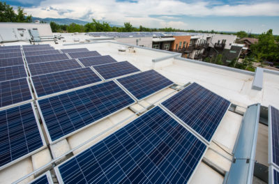 Solar panels on a senior housing facility in Boulder, Colorado.