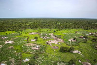 A village surrounded by swamp in South Sudan.