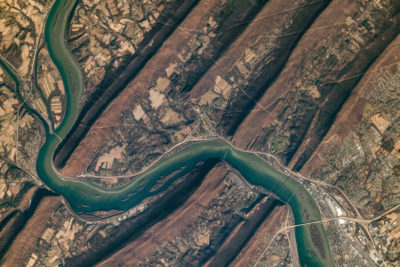 A satellite image of the Susquehanna River as it cuts through the Appalachian Mountains and Harrisburg, Pennsylvania.