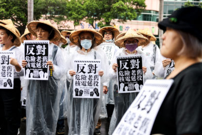 A protest against restarting shuttered nuclear plants in Tapei last April.