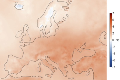 The temperature difference, in degrees C, between the last year and the period from 1981 to 2010.