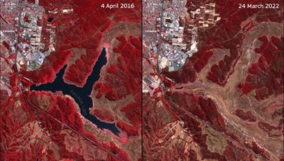 A false-color image of the Peñuelas reservoir in 2016 (left) and 2022 (right).