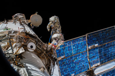 Russian cosmonauts install the ICARUS receiver on the outside of the International Space Station, August 2018.