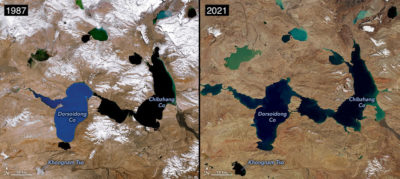 Lakes near the Tanggula Mountains on the Tibetan Plateau in October 1987, left, and October 2021, right. Lakes have grown as glaciers have melted.