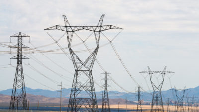 Transmission lines at the 392-megawatt Ivanpah Solar Project, located on public lands in the Mojave Desert in California.