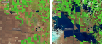 The footprint of Tulare Lake in March 2022 and March 2023, after floodwaters inundated the area.