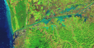 A false-color image of flooding left by torrential rain in the Tuscany region of Italy in November. The region saw record-high rainfall, with some parts recording eight inches of rain in a 24-hour period, more than Tuscany typically receives all November. 