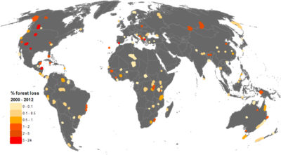Percent of forest loss between 2000 and 2012 in Natural World Heritage Sites. Sites experiencing substantial forest loss (more than 5%) are shown in red. 