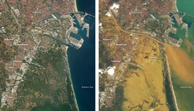 Valencia in October 2022 (left) and October 2024, after record rainfall flooded the city.