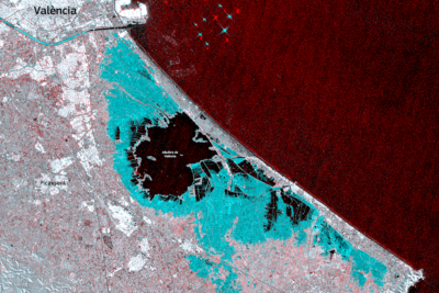 Flooded areas around Valencia have been shaded in blue in this satellite image from October 31.