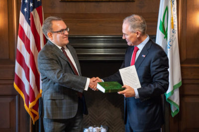 The EPA's acting administrator Andrew Wheeler (left) is a former lobbyist for the coal company Murray Energy. He succeeded Scott Pruitt (right), who resigned in July. 
 
 
 