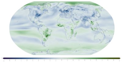 Projected change in average wind speeds under 1.5 degrees C of warming. Blue indicates slower winds, green faster winds. 
