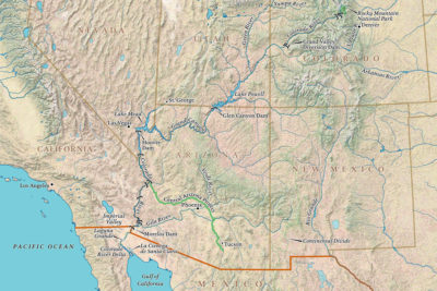 The Colorado flows 1,450 miles from its source in Colorado to the southwest, ending just short of the Gulf of California.