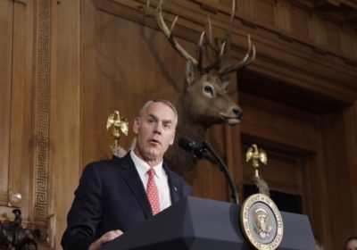 Interior Secretary Ryan Zinke speaks prior to President Trump's signing of an executive order reviewing National Monument designations.
