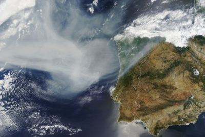 Wildfire smoke from Canada blows over Portugal and Spain. The wildfires in eastern Canada produced so much smoke that a cloud of haze could be seen wafting across the Atlantic and over Europe. 