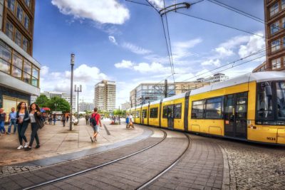 A tram at the Alexanderplatz public square in Berlin, Germany. 