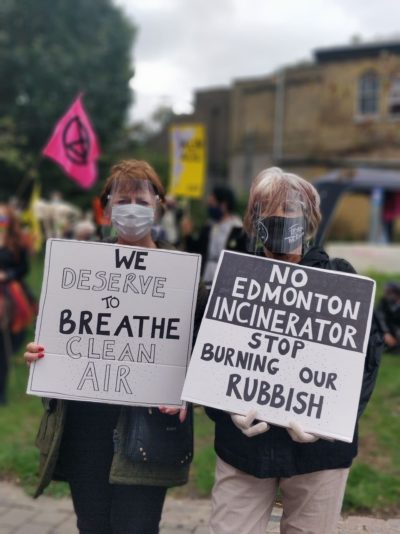 Demonstrators protest the continued operation of the incinerator in Edmonton in north London.