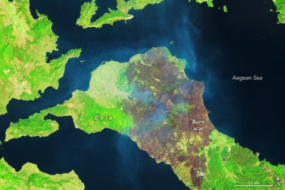 Burn scars on Evia, the second-largest Greek island, where fires burned hot in August, charring more than 120,000 acres.