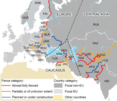 A map highlighting existing border fences and fences in various stages of being built throughout Europe and part of Asia as of early 2016. Despite a decrease in the flow of refugees entering Europe from Syria, Iraq, Afghanistan, and Africa, many nations are still ramping up efforts to construct security fences.
