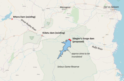Map showing the Stiegler's Gorge Dam and the massive reservoir being created behind it. 