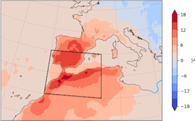 The temperature anomaly in Europe and North Africa from April 26 to April 28 in degrees C.