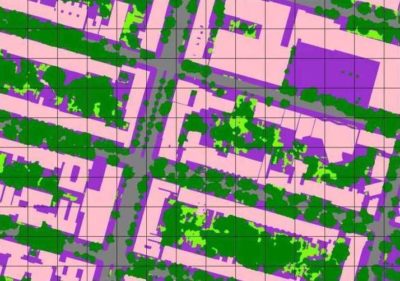 Greenery in Brooklyn's Prospect Heights neighborhood. Pink denotes buildings; purple denotes paved surfaces; dark green denotes trees; and light green denotes shrubs or grasses. Every pixel represents a 6-inch square.