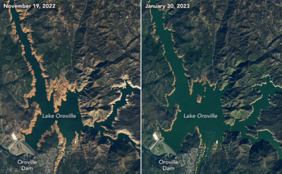 Lake Oroville before and after December's heavy rainstorms.