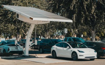 Electric cars plugged into a solar-powered charging station.